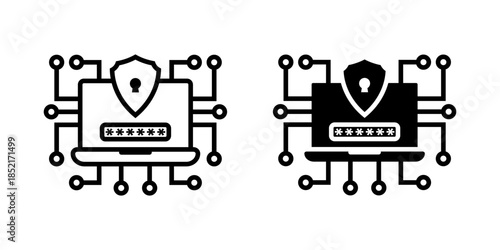 Data Encryption icon set. Minimalist Outline Laptop Security Shield with Password and Circuit Style Icon. vector illustration on white background.