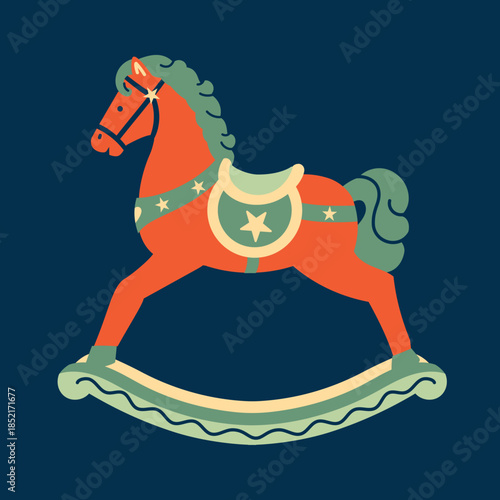 A retro clip art illustration of a classic wooden rocking horse toy, isolated on a dark background. A playful and nostalgic graphic element for childhood themes.