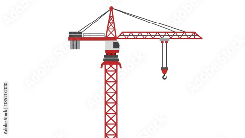 Red Construction Tower Crane for Building Sites Vector Illustration on White Background
