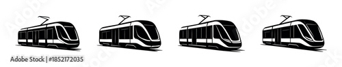 Modern tram collection, sleek transport, flat vector illustration