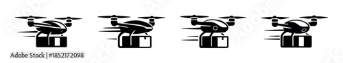 Drone delivery service, package, silhouette, flat vector illustration
