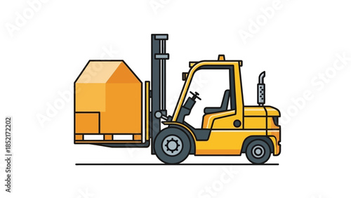 Yellow forklift truck lifting a large cardboard box
