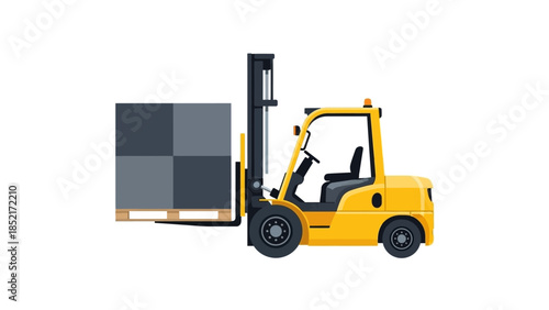 Yellow industrial forklift truck lifting cargo boxes on a wooden pallet in a warehouse setting