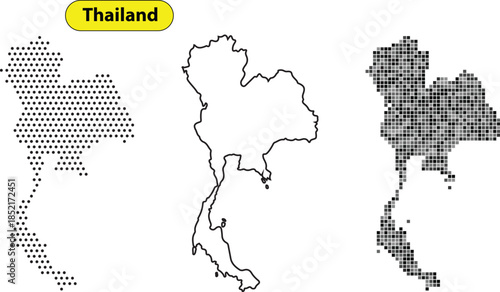 Thailand map in various pixelated and dotted styles
