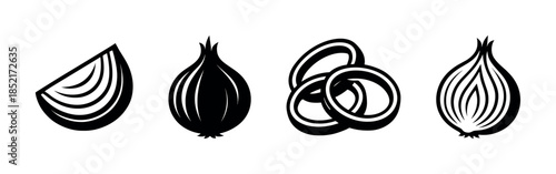 Onion vector illustration in flat vector style, whole, sliced, rings