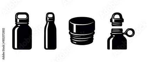 Reusable water bottle and cap designs, flat vector illustration, eco-friendly icons
