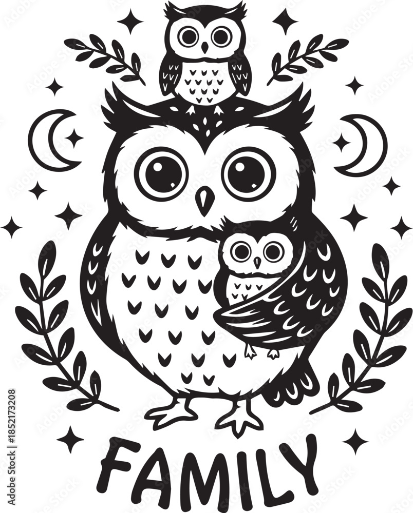 Fototapeta premium Family of Owls: A heartwarming illustration features an owl family, symbolizing love and togetherness, with an adult owl embracing a baby owl and a small owl on top.