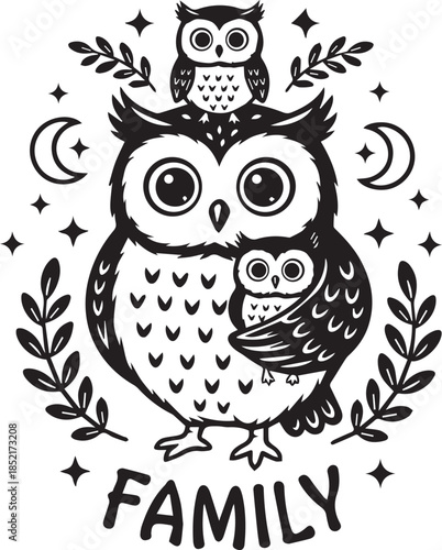 Family of Owls: A heartwarming illustration features an owl family, symbolizing love and togetherness, with an adult owl embracing a baby owl and a small owl on top.