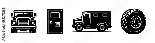 Armored vehicle vector illustration, flat vector style with truck, door, tire