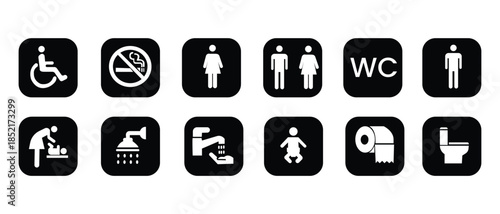 Toilet icon set. WC and Public bathroom symbol. Washroom sign. Vector illustration.