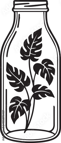 Monstera Plant in Bottle: A detailed vector illustration showcasing a vibrant monstera plant encapsulated within a glass bottle, symbolizing growth and preservation.