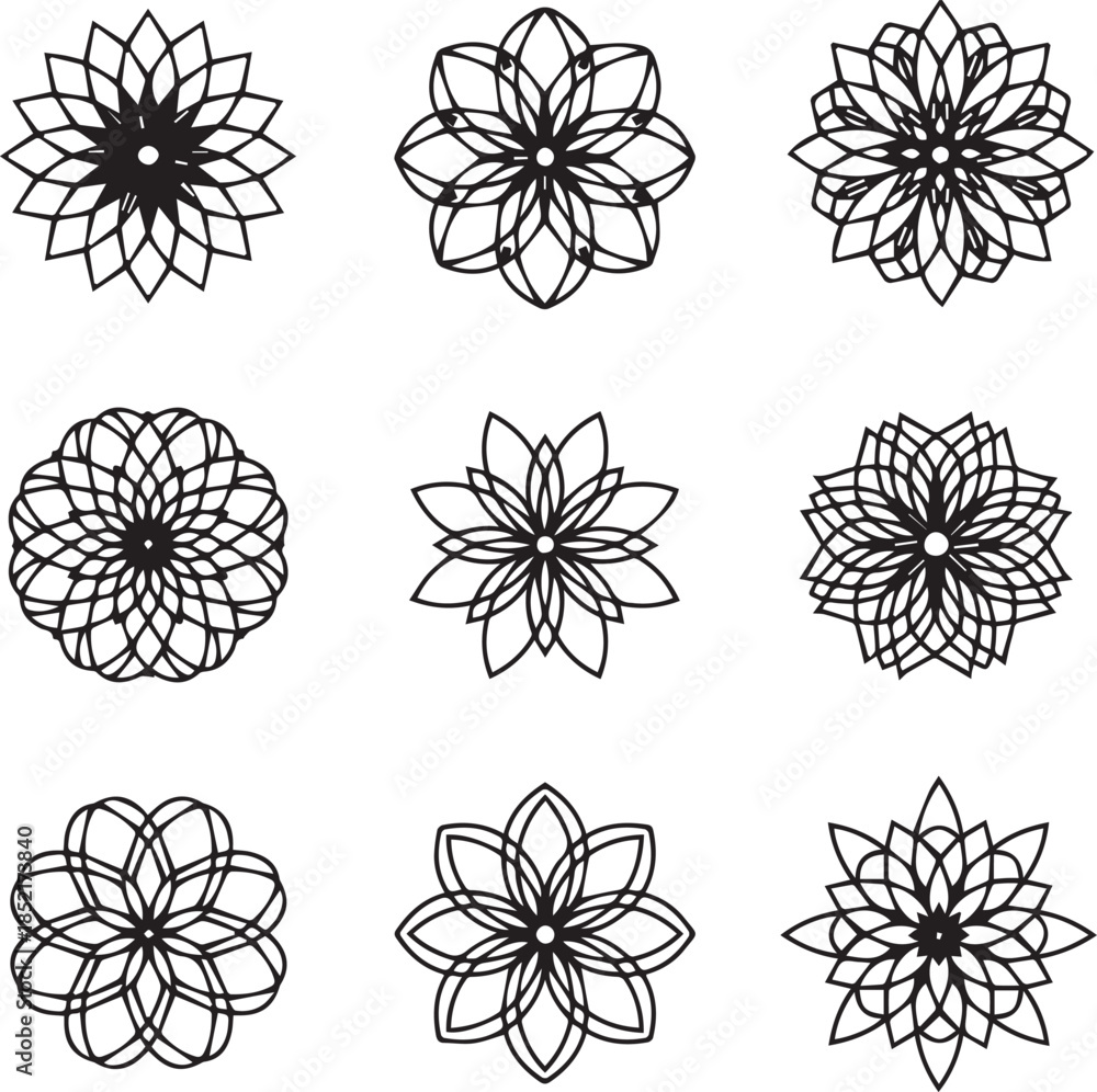 Obraz premium Geometric Floral Harmony: An array of intricate floral patterns arranged in a grid, showcasing the elegance of geometric design. Each delicate motif intertwines lines to form the symmetrical.