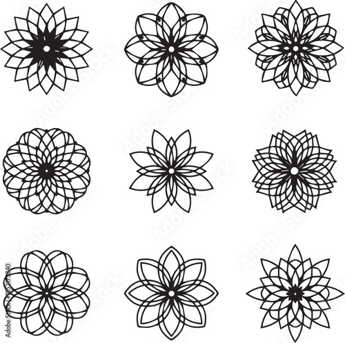 Geometric Floral Harmony: An array of intricate floral patterns arranged in a grid, showcasing the elegance of geometric design. Each delicate motif intertwines lines to form the symmetrical.