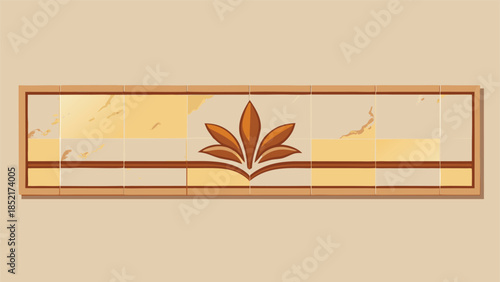 Long horizontal banner with stylized brown leaf motif on beige marble tiles, modern abstract design for decorative borders