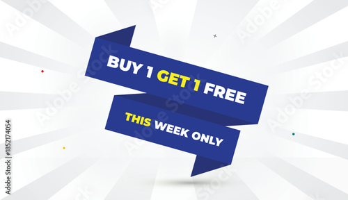 buy 1 get 1 free this week only editable eps format web banner vector art illustration template design blue shapes yellow bold font white gray gradient abstract sun shine business background 4k web ba