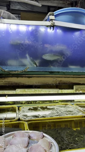 Fresh seafood on display at an asian fish market. Live fish swimming in a large blue tank, with fresh fillets and flatfish in crates below