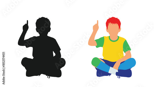 Two boys in seated positions one as a silhouette raising a finger