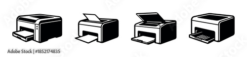 Printer collection, office equipment, flat vector illustration, monochrome design