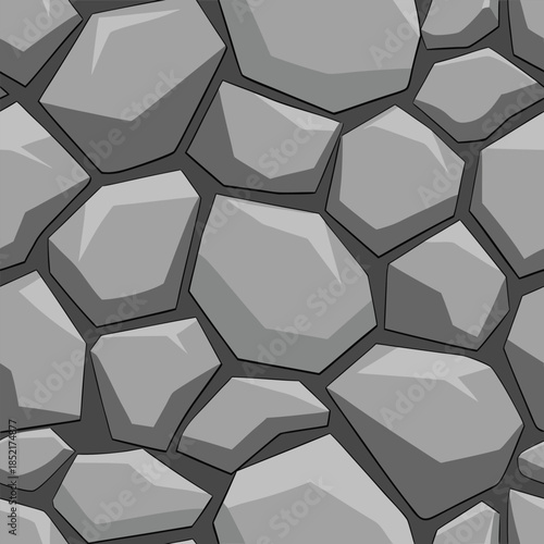 Varied grey stones with smooth contours creating organic textured seamless pattern for backgrounds