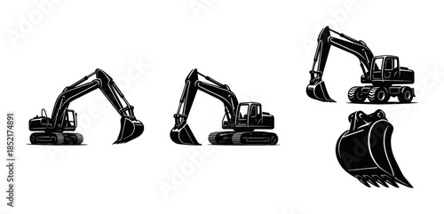 Excavator collection, construction industry equipment, flat vector illustration