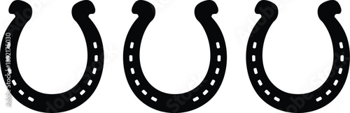 Three classic black horseshoe symbols aligned, representing good luck, tradition, and equestrian themes