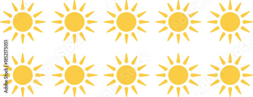 Set of bright yellow sun icons with rays on a white background