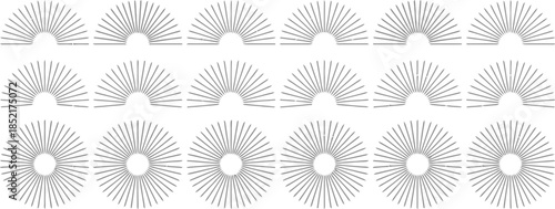 Minimalist graphic elements with radiating lines, fan shapes, and circular motifs