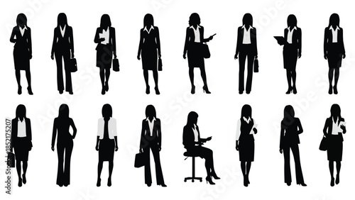 Silhouettes of businesswomen in various poses and professional attire