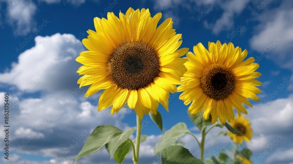Obraz premium A pair of vibrant yellow sunflowers with green leaves stand against a blue sky dotted with fluffy white clouds,