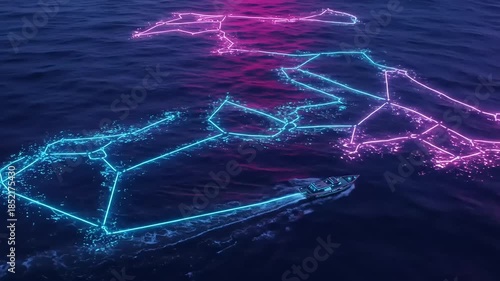 Digital vessel tracing luminous network pathways across an expansive nocturnal sea