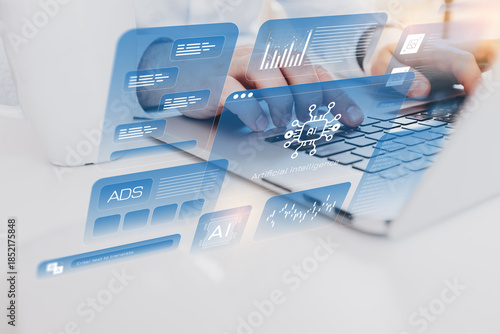 Using technology for digital tasks in an office setting with laptops and data displays