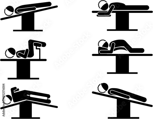 Six different medical patient positions on an operating table, illustrating various surgical and examination setups like supine, prone, Trendelenburg, and lithotomy.