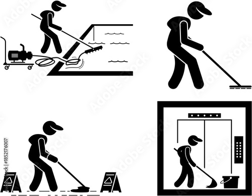 Stick figures depicting various cleaning and maintenance tasks, including pool cleaning, raking, mopping floors, and cleaning an elevator.