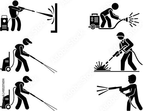 Stick figures demonstrating various uses of pressure washers for cleaning and industrial tasks.