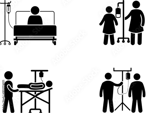 Stick figures illustrating patients receiving intravenous therapy in various medical settings and scenarios.