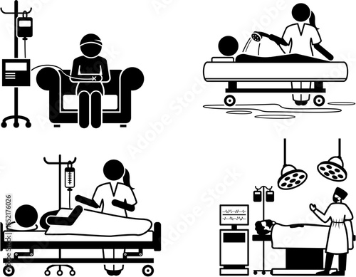 Stick figures depicting various medical procedures and hospital care scenes.