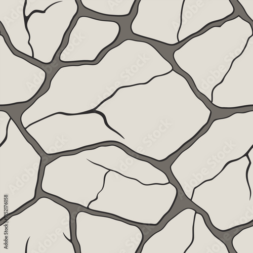 Seamless repeating pattern of stylized cracked dry earth ground or abstract rock pavers texture with dark outlines a subtle design