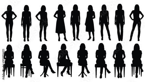 Silhouettes of women in various poses and outfits standing and seated