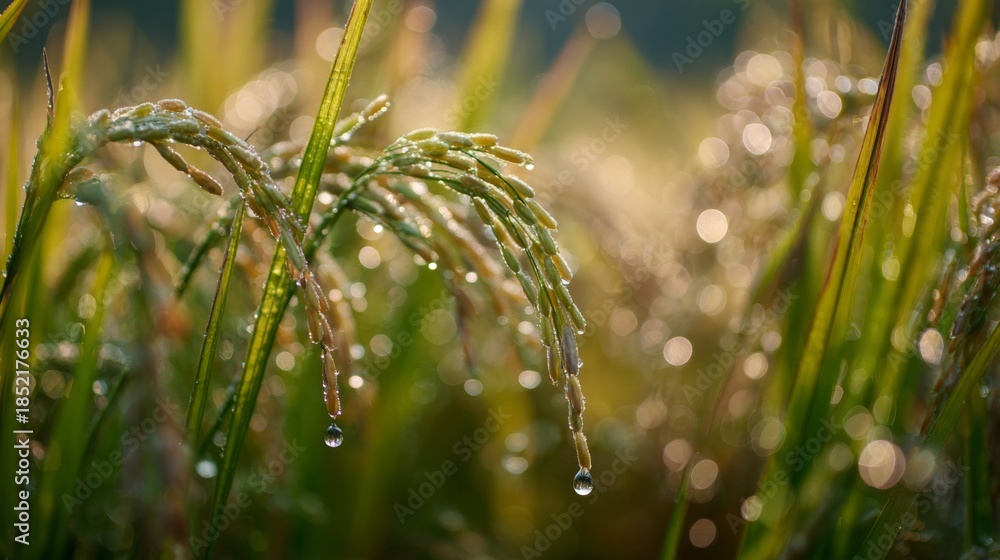 Fototapeta premium Dew-kissed rice plants glistening under morning sunlight in a lush green field showcasing nature's beauty and tranquility, perfect for agricultural themes