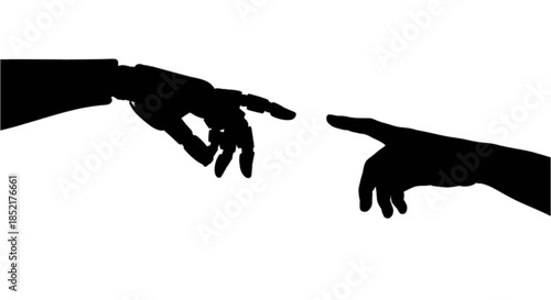 Human and robotic hands reaching towards each other, concept of artificial intelligence.