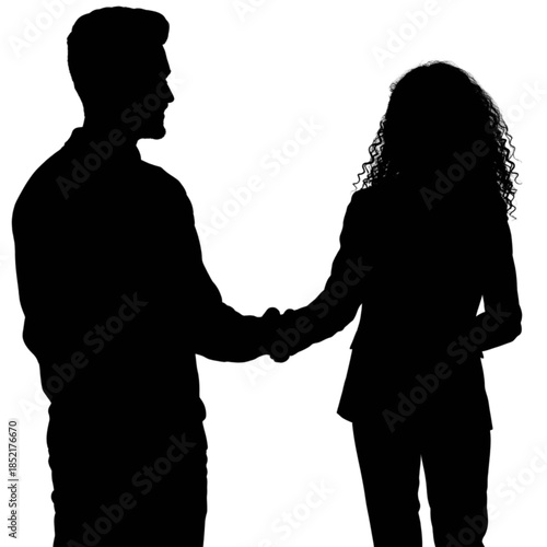 Two business professionals shaking hands and exchanging a tablet in an office setting.