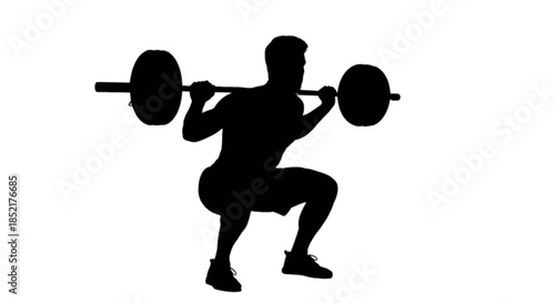 Muscular man performing a barbell squat exercise in a studio setting.