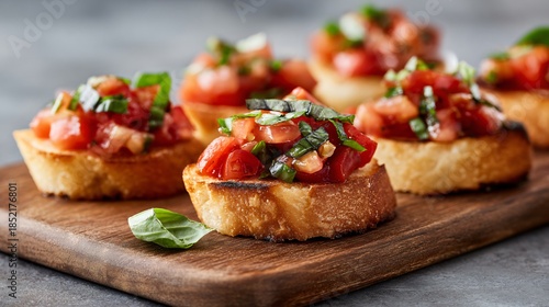Mini bruschetta with tomato and basil, muted neutral backdrop, fresh holiday simplicity