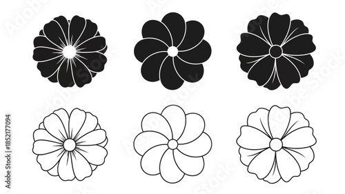 A collection of stylized floral designs in black and white tones
