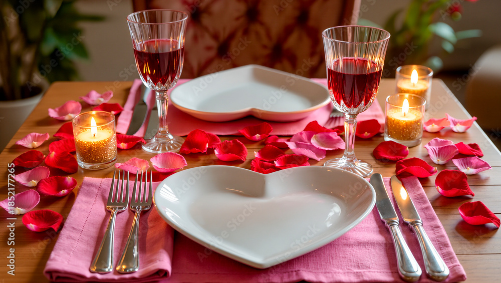 Fototapeta premium Romantic table setting for two with heart plates and rose petals.