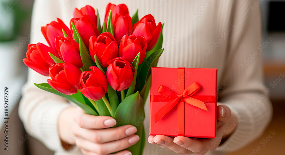Fototapeta premium Woman holding a bouquet of vibrant red tulips and a surprise gift box.