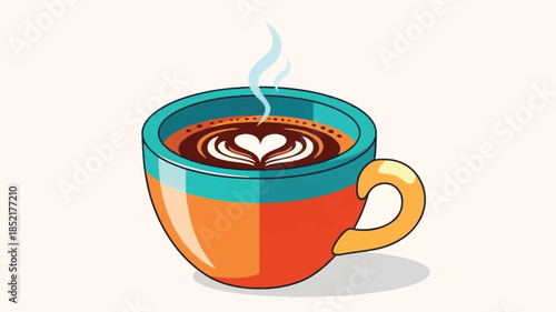 A vibrant illustration of a teal and orange coffee cup with latte art