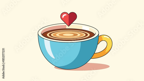 A charming illustration of a blue cup of coffee with a heart shaped design