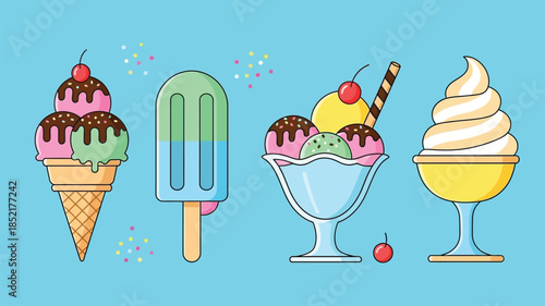 A colorful assortment of various ice cream treats and desserts illustrated