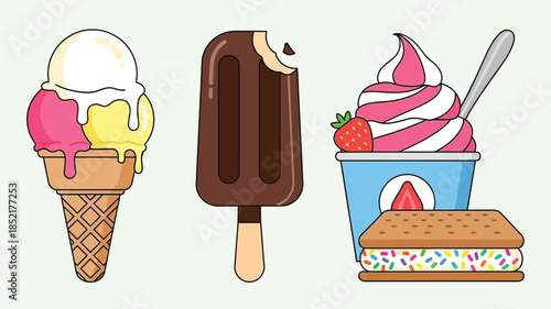 A colorful illustration of various frozen desserts and a sweet treat